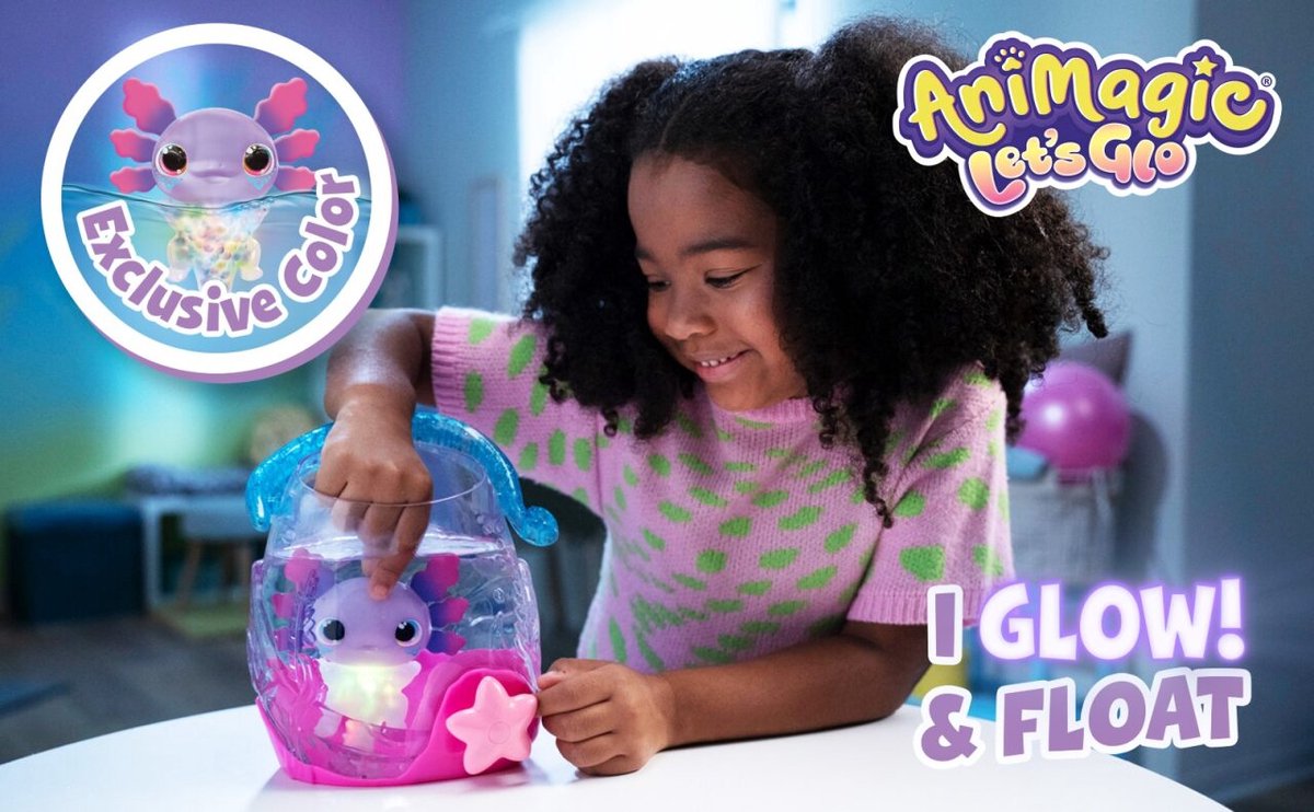 ANIMAGIC - Set 1 Aquarium Axolotl Paars 1 Roze Axolotl - Elektronisch Verlicht Huisdier - Voor Kinderen vanaf 4 Jaar - Uitschuifbaar Lichaam - Aquarium voor het Vervoer van Axolotls