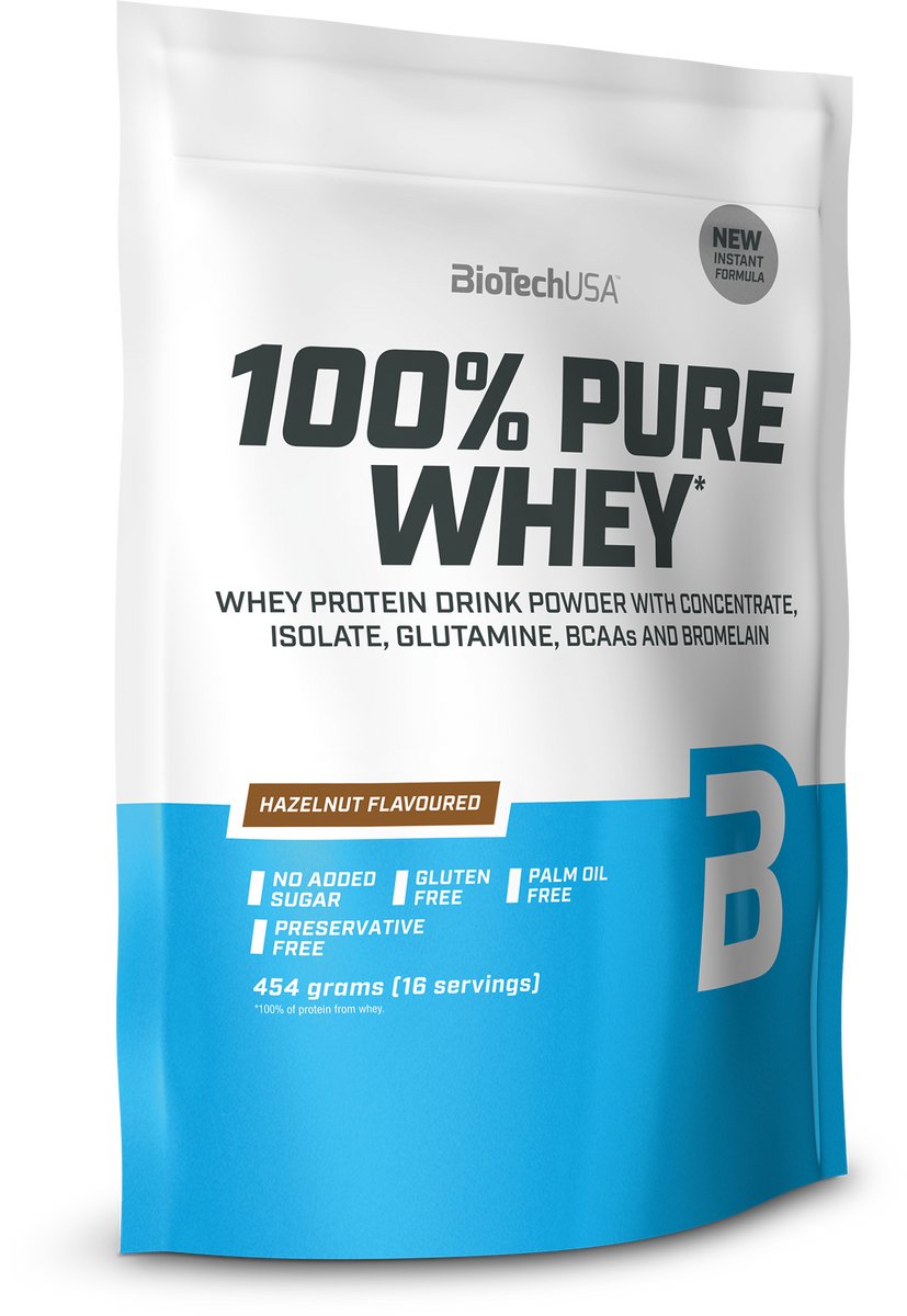 BioTechUSA 100% Pure Whey | Eiwitpoeder met BCAA en Glutamine | Glutenvrij, Palmolievrij | 21g Eiwit per portie, 454 g, Hazelnoot