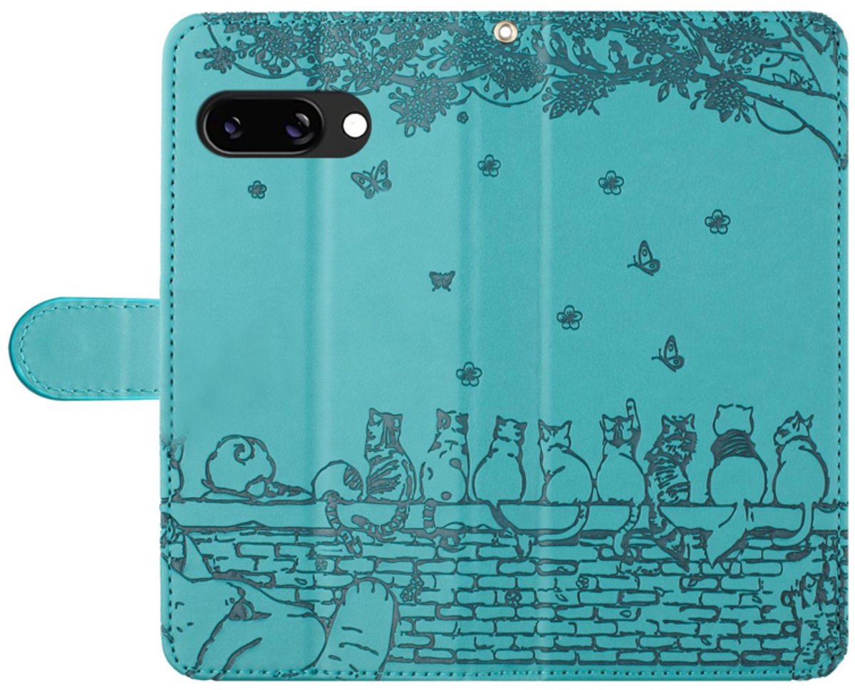 BookCover Hoes Etui geschikt voor Google Pixel 9 - 9 PRO - 10 - 10 PRO - Turquoise - Katten op muurtje - Reliëf