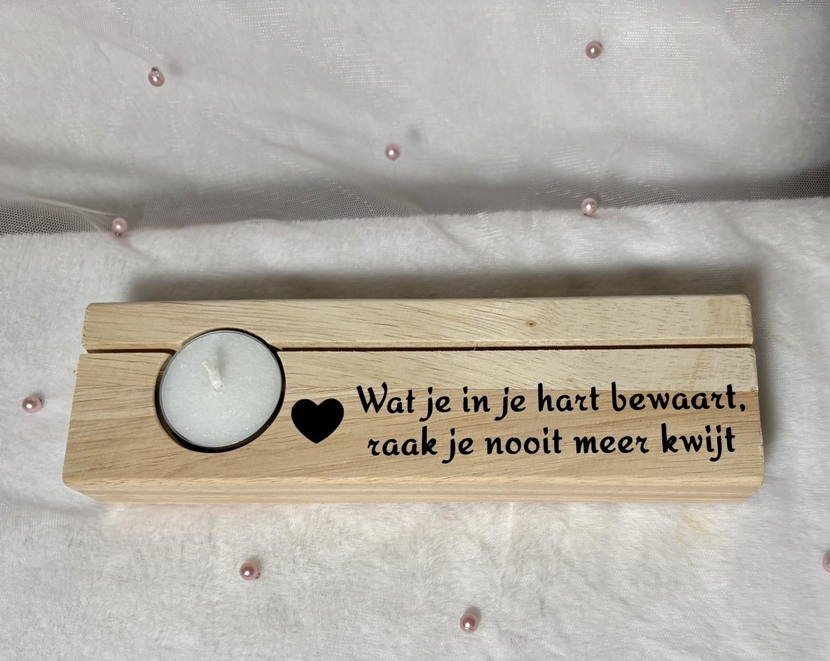 Gedenkplankje - "Wat je in je hart bewaart, raak je nooit meer kwijt" - afscheid - herdenken - waxinelichtjeshouder - kaarthouder