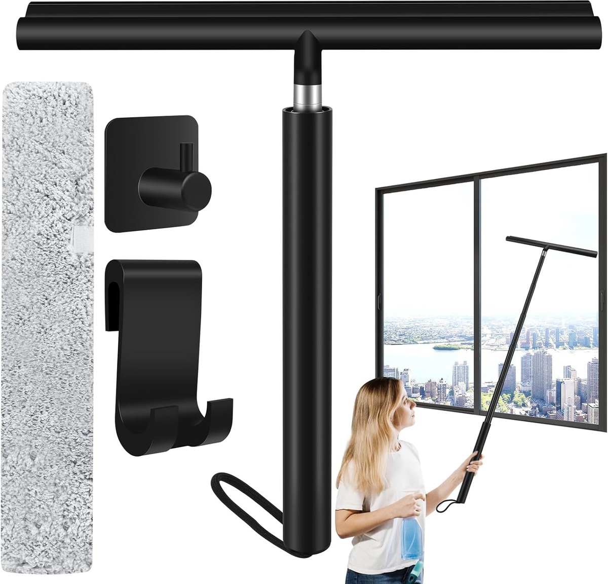 Famanu - Zwarte uitschuifbare douchetrekker 120 cm, 2-in-1 raam- en vloertrekker