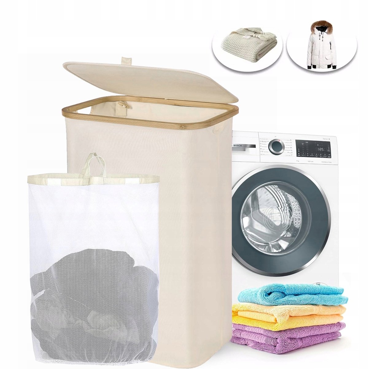 Smalle Wastafel 63L met Deksel - Opvouwbaar & Bamboe Handgrepen - Beige