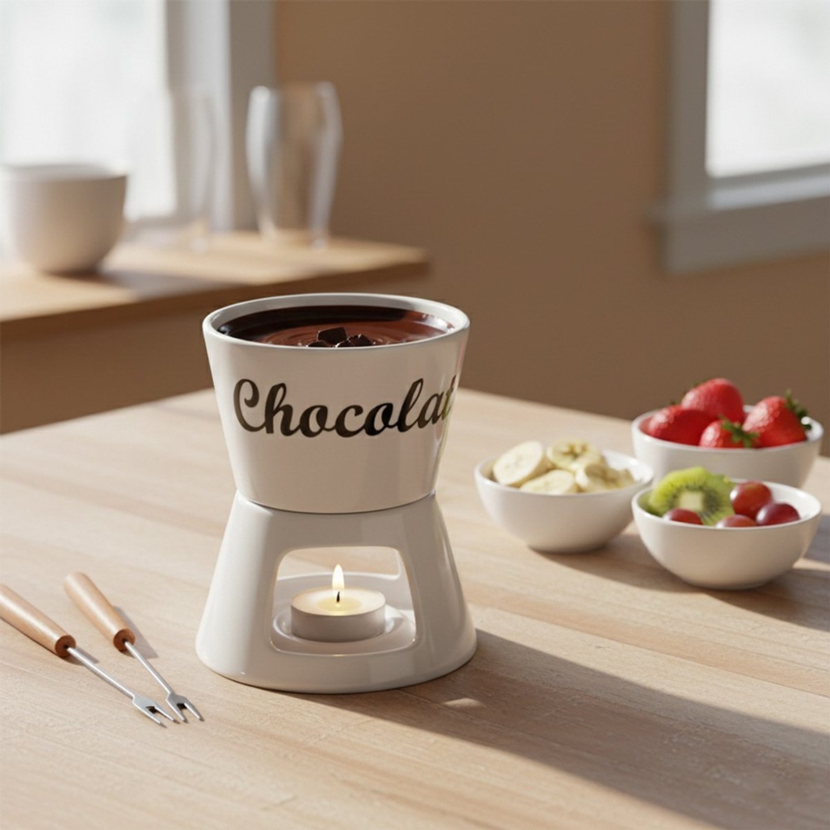 Excellent Houseware Chocoladefondue - 12,5 x 15,5 cm - wit - met vorken - porselein - moederdag - cadeau – foto 7