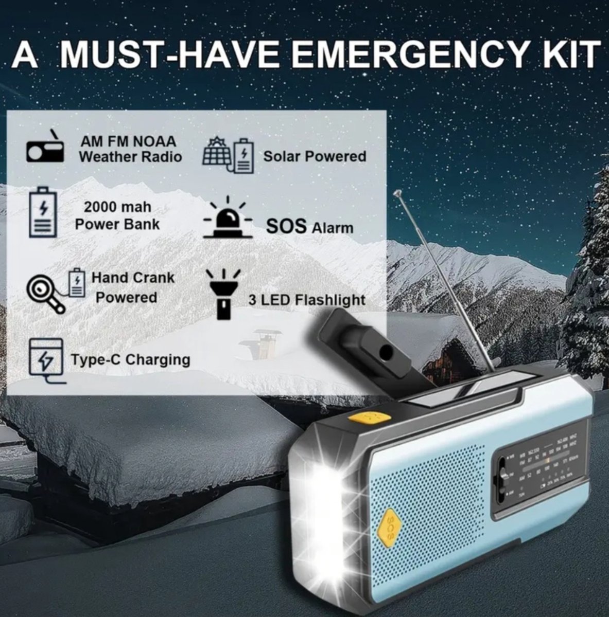 Daykit All-in-One Noodradio – NOAA Weeralarm – 2000mAh Powerbank – Zonnepaneel & Handcrank – 3-Modes Zaklamp – SOS Alarm – IPX4 – Voor Kamperen & Noodsituaties. (Kleur Sky Blue)
