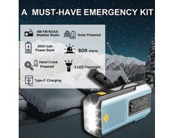 Daykit All-in-One Noodradio – NOAA Weeralarm – 2000mAh Powerbank – Zonnepaneel & Handcrank – 3-Modes Zaklamp – SOS Alarm – IPX4 – Voor Kamperen & Noodsituaties. (Kleur Sky Blue)