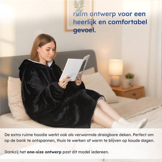 Couverture chauffante à capuche – 3 niveaux de chauffage – Batterie 10 000 mAh – Polaire – Taille unique – Zwart – par Saaf