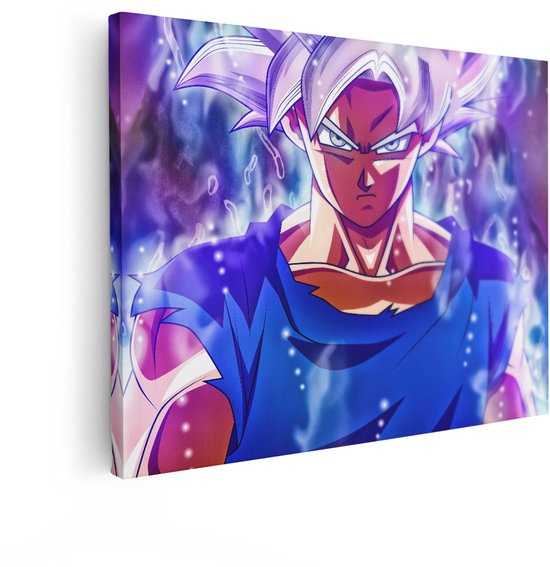 Canvas schilderij van Goku in Ultra Instinct, blauw shirt, paarse gloed.