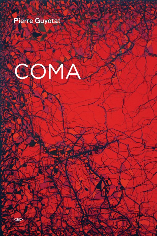 Boek 'COMA' met rode achtergrond en donkere, vertakte lijnen.