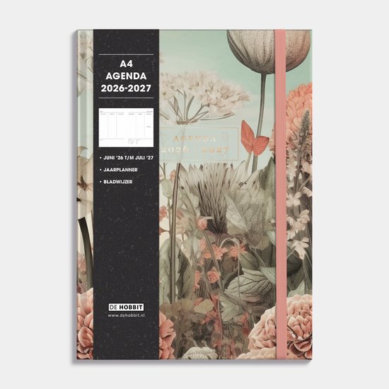 Hobbit - A4 Agenda 2026-2027 - 1 week op 2 pagina's - Harde Kaft - Agenda A4 (21 x 29,7 cm) - Veldbloemen