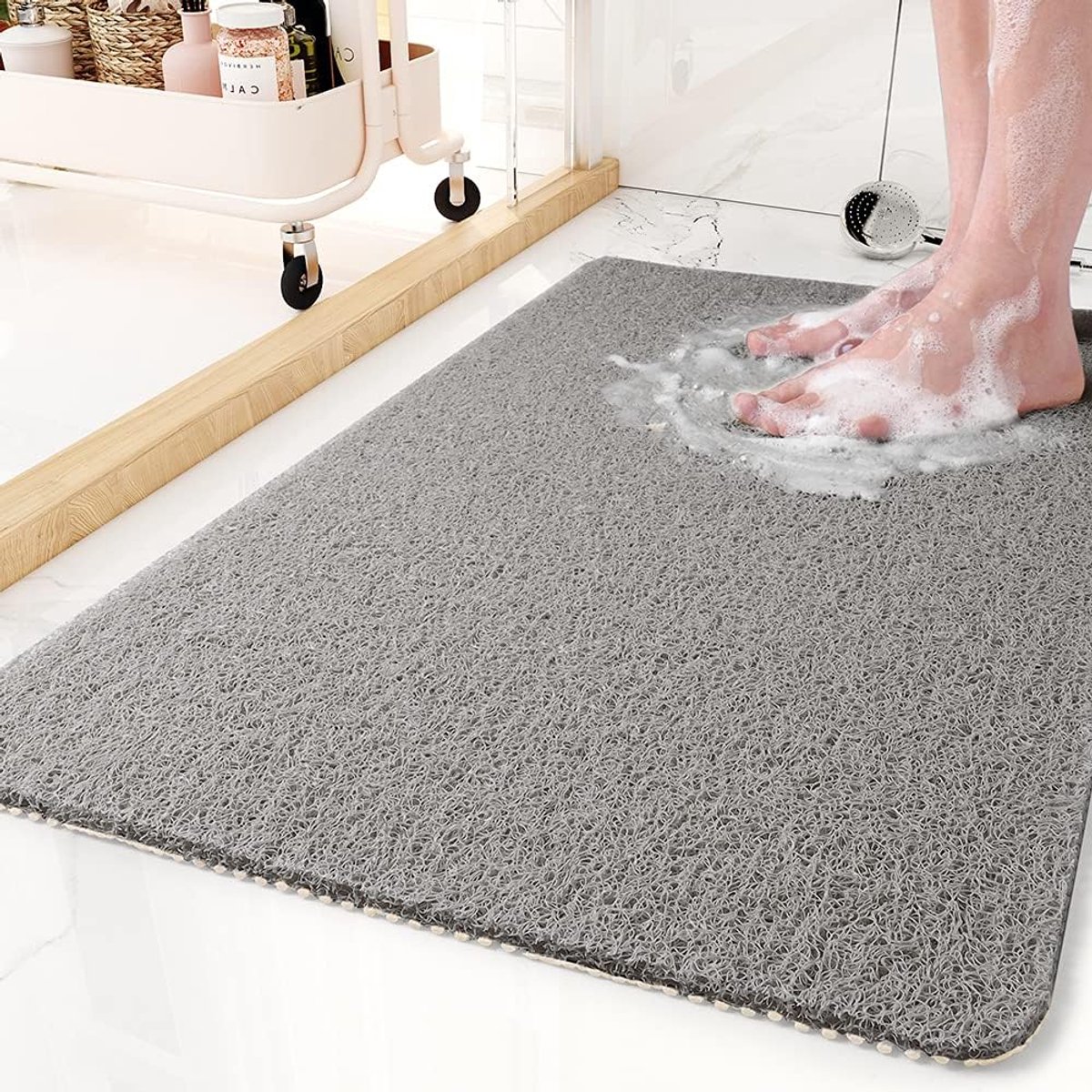 Antislip badmat, 60 x 90 cm, badmat, PVC loofah badmat geschikt voor natte ruimtes, sneldrogend (grijs).