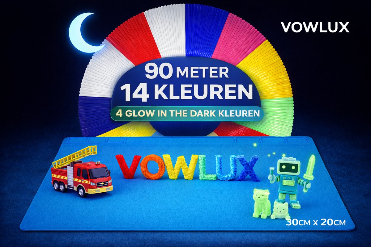 VOWLUX PLA 3D-Pen Filament Set – 90 m – 14 Kleuren incl. Glow in the Dark – Inclusief Hittebestendige Blauwe Siliconen Mat 30 × 20 cm – 1,75 mm – Organisch & Afbreekbaar – Zonder 3D-Pen