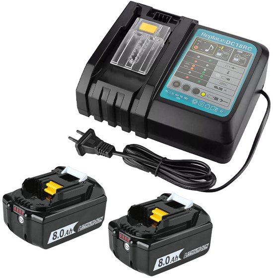 2 Pakketten 8000mAh Vervangingsbatterij voor Makita 18V-batterijen, snellader compatibel met Makita 18V Li-ion-batterij, Lithium-Ion-batterij voor Makita 18V elektrisch gereedschap