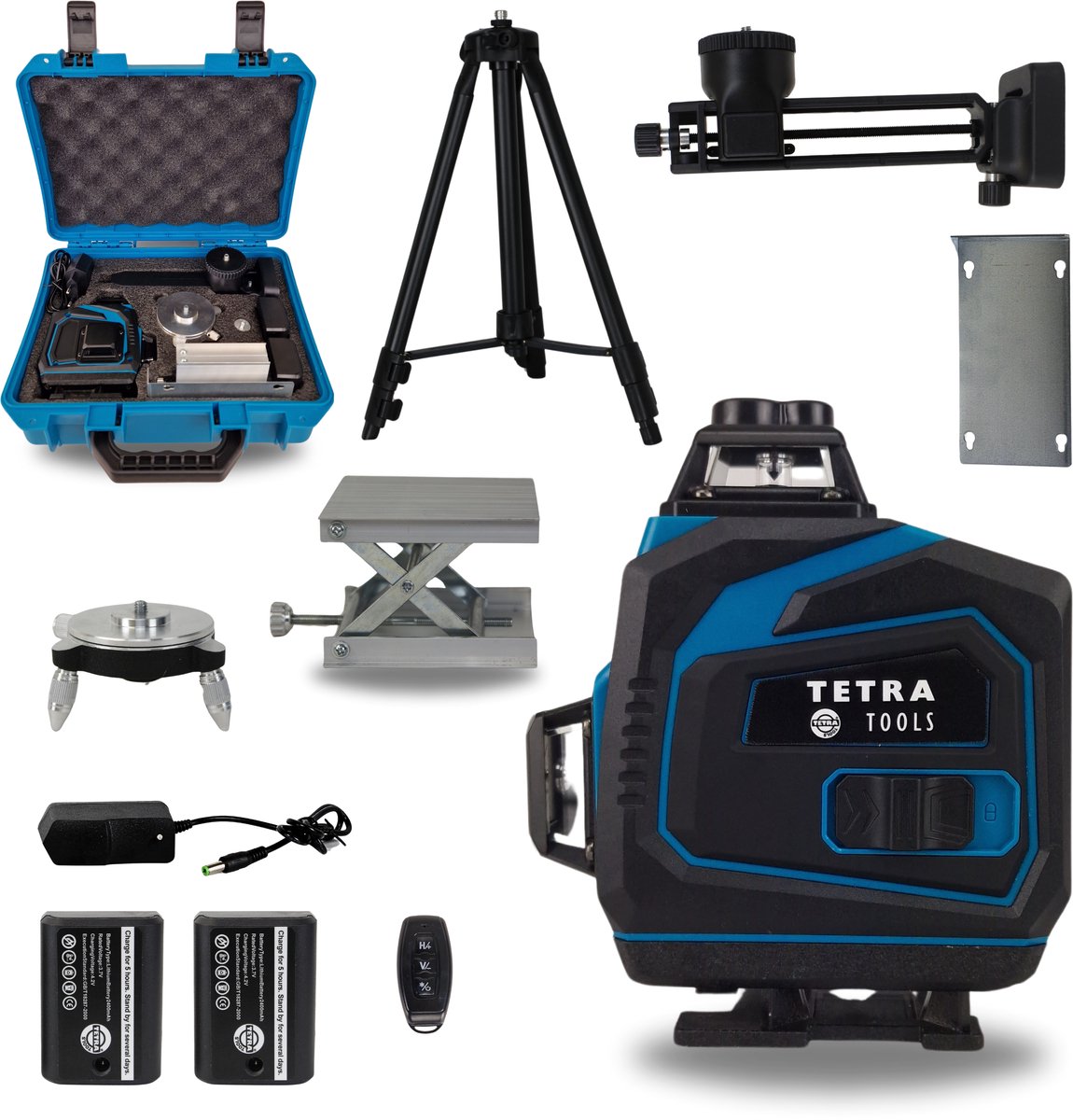 TETRA Tools Kruislijnlaser 4D - 4 tot 16 Lijnen - Zelf Nivellerend - Met Statief 1.50M - Inclusief Koffer - 2 Batterijen & Oplader