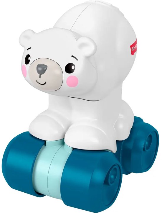 Zijaanzicht van de witte Fisher-Price kruipbeer met blauwe wielen en lichtblauwe accenten.
