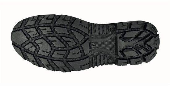 Zwarte profielzool van een werklaars met grof profiel voor grip.
