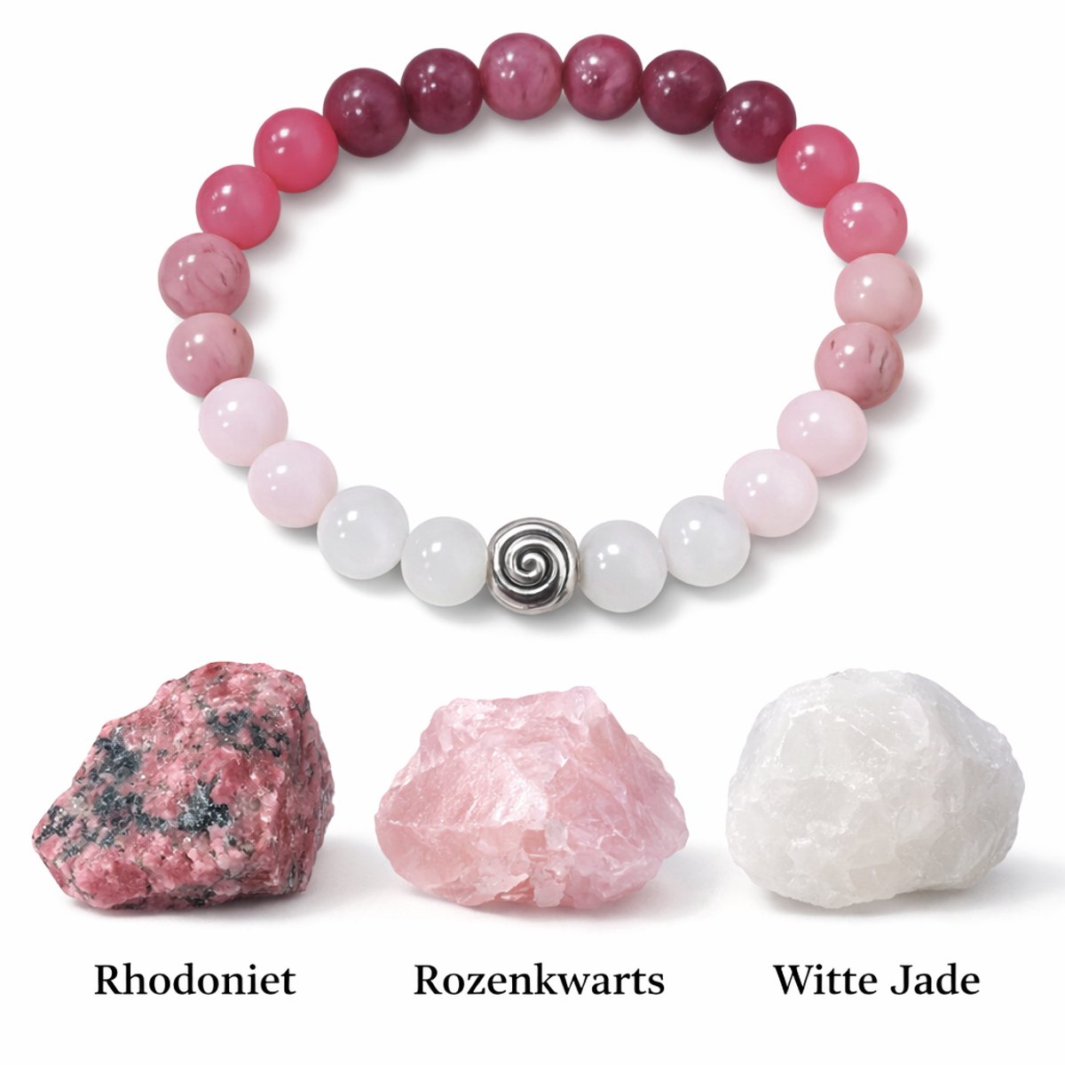 S4H - Oneindig Liefde Aantrekken Armband 8mm kralen – Rozenkwarts, Rhodoniet & Witte Jade + Spiraal Oneidig Liefde - Maat 19cm