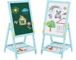 Quvo® Krijtbord Staand - Krijtbord Kinderen Met Opbergruimte – Tekenbord Met Cijfers en Accessoires –Dubbelzijdig Schoolbord - Schrijfbord Uitwisbaar – Whiteboard – Educatief Speelgoed - Schildersezel - Blauw - 30cm x 30cm x 55cm