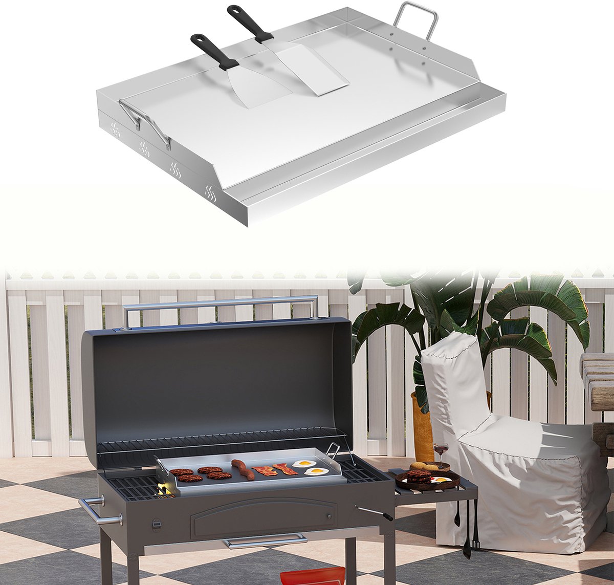 Aufun Roestvrijstalen Grillplaat - 54x41x7cm - 2 Spatels En 2 Handvatten - Universele Bbq Plancha Met Vetopvangbak - Plaat Van Plaatstaal Voor Gas En Houtskoolgrill