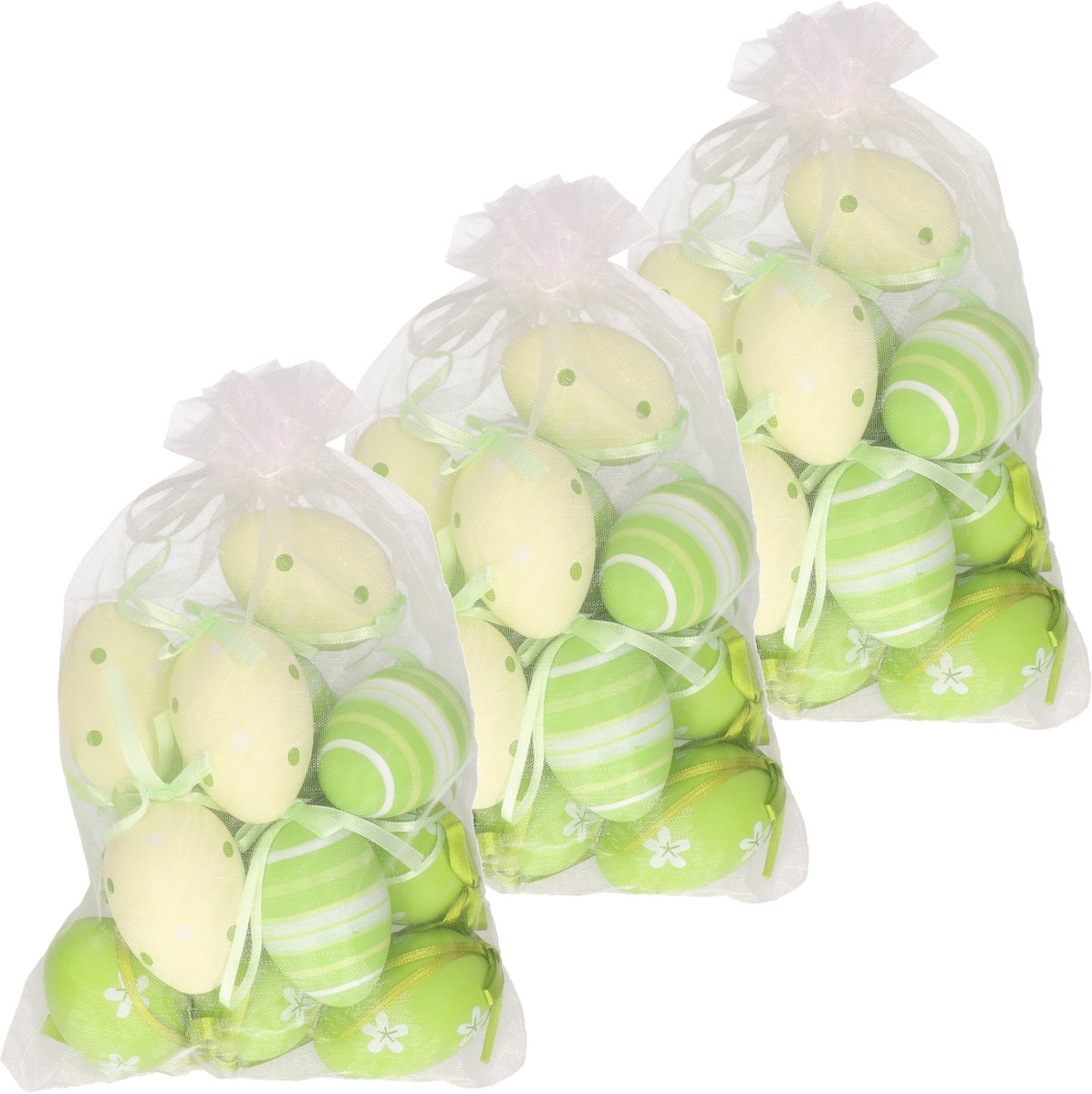 Wurm Paaseieren - 36x stuks - groen/geel - 6 cm - in organza zakje - paasversiering - paasdecoratie - pasen