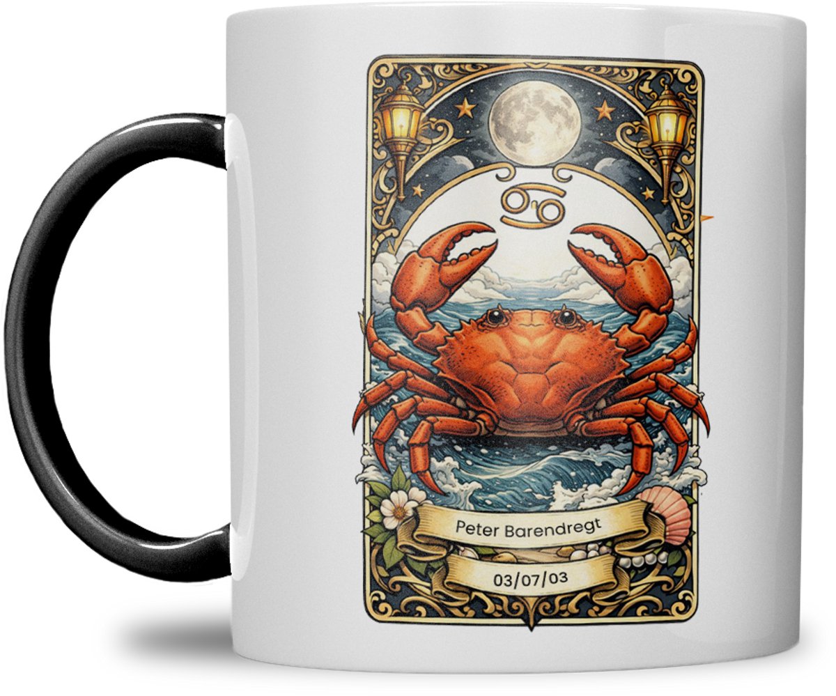 Sterrenbeeld mok - Kreeft - Zwart - Tarot mok - Gepersonaliseerd met naam en datum
