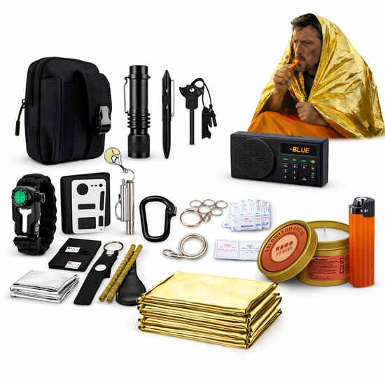 Noodradio Noodpakket – 72 Uur Survival Kit – Compleet Noodpakket voor Stroomuitval & Noodsituaties – EHBO + Zaklamp + 3x Nooddeken – UMZA