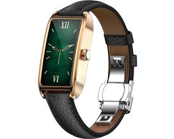 WizBay Premium Select® 1.13 Inch AMOLED Smartwatch Goud met Zwarte Leren Band – Hartslag, Bloeddruk SpO₂ Monitoring – Fitness Tracker – Elegant Vierkant Design – Android iOS