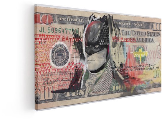 Artaza Canvas Schilderij Gedecoreerde Dollarbiljet met Batman-Afbeelding en Citaat van Bruce Wayne - 120x60 cm - Groot - Wanddecoratie Woonkamer - Schilderijen - Muurdecoratie