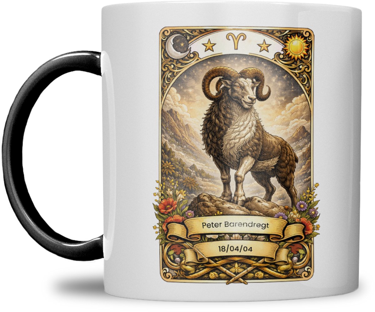 Sterrenbeeld mok - Ram - Zwart - Tarot mok - Gepersonaliseerd met naam en datum