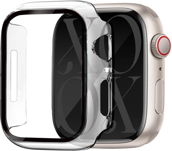 Transparante screenprotector voor Apple Watch 7/8/9 41mm, met zilverkleurige rand en rode knop.