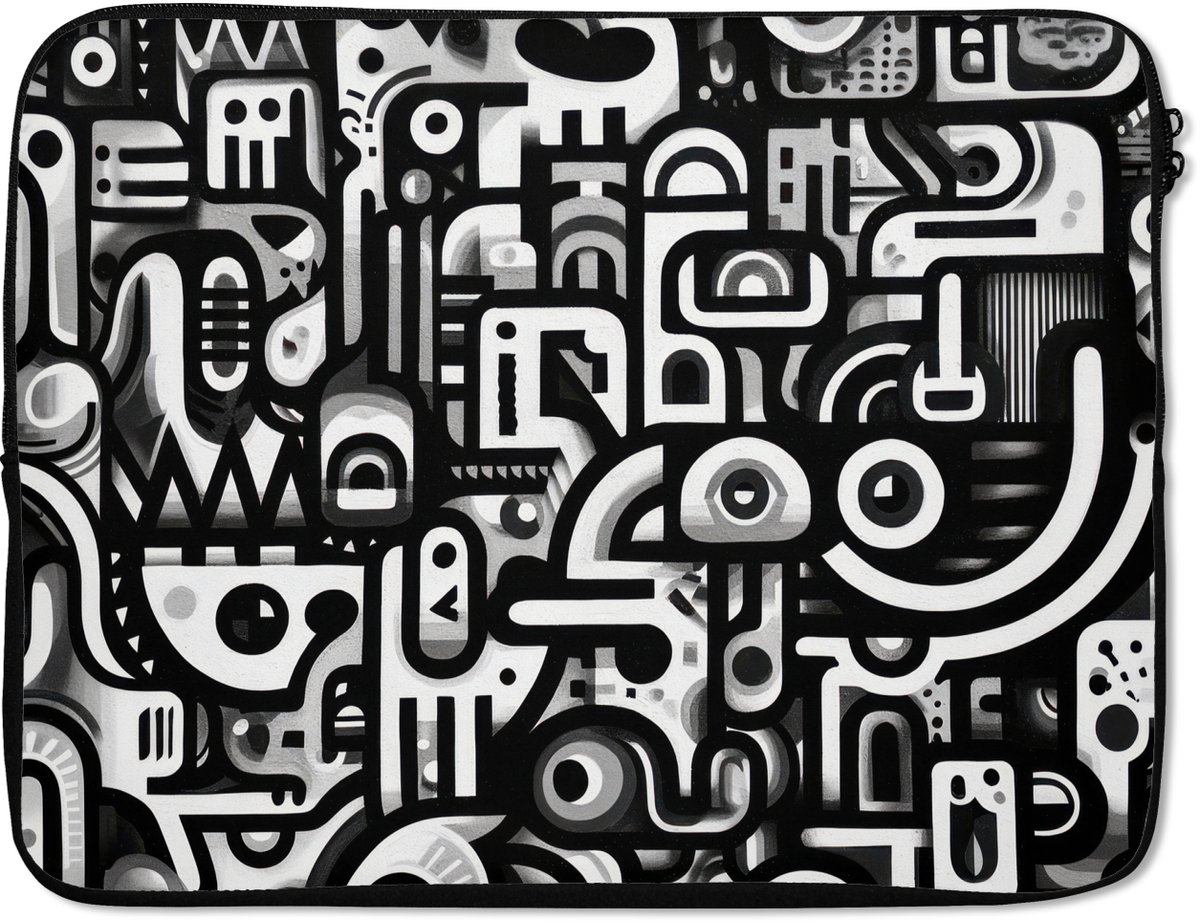 Laptophoes 17 inch - Symbolen - Abstract - Grafisch - Zwart - Laptop sleeve - Binnenmaat 41x28 cm - Zwarte achterkant