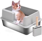 Kattentoilet, hoge kattenbak van roestvrij staal, kattenbak, kattentoilet, schep, 50 x 35 x 24 cm (roestvrij staal) (zwart