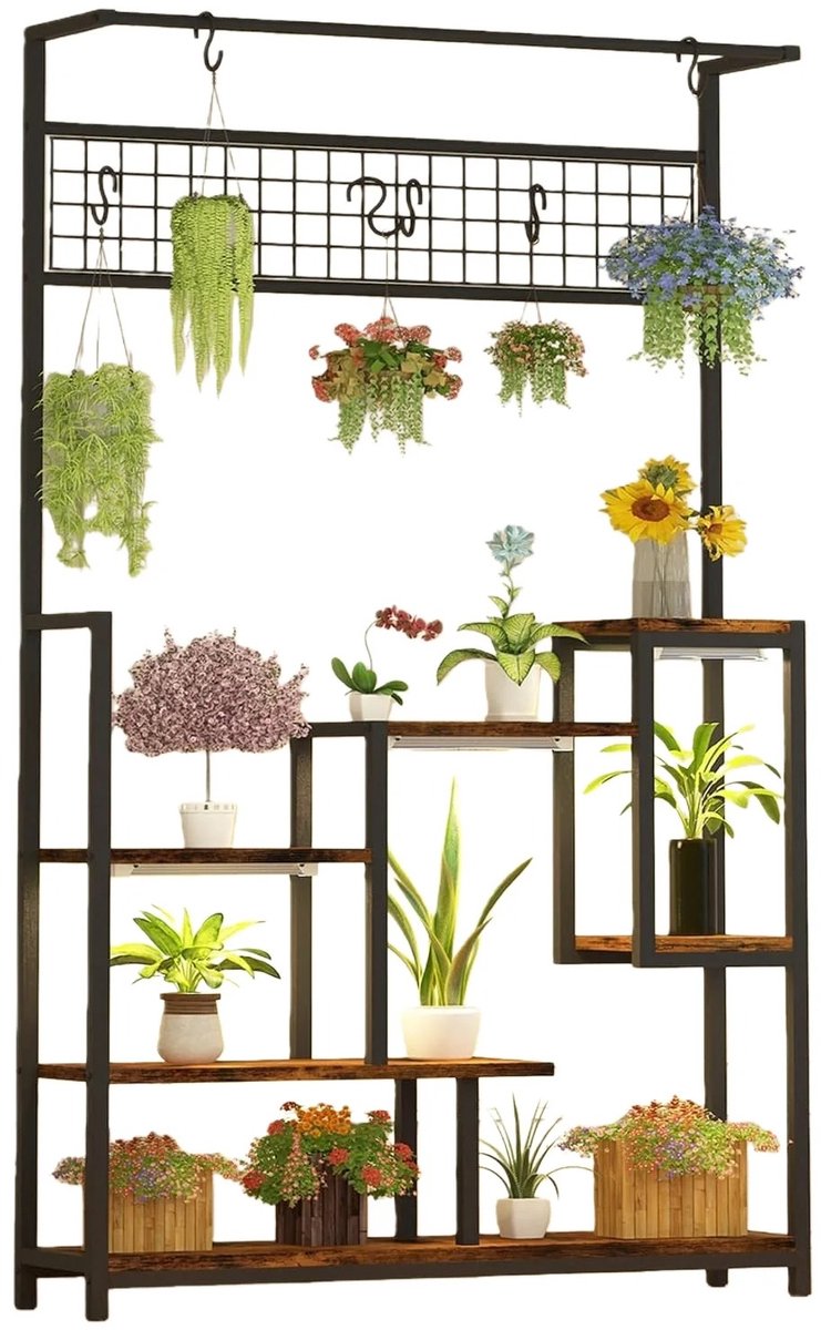 Norvia - 7 laags Plantenstandaard - Plantentafel - Plantenrek - Kweeklampen - Ophanghaken - 180CM x 98CM - Displayrek - Metaal