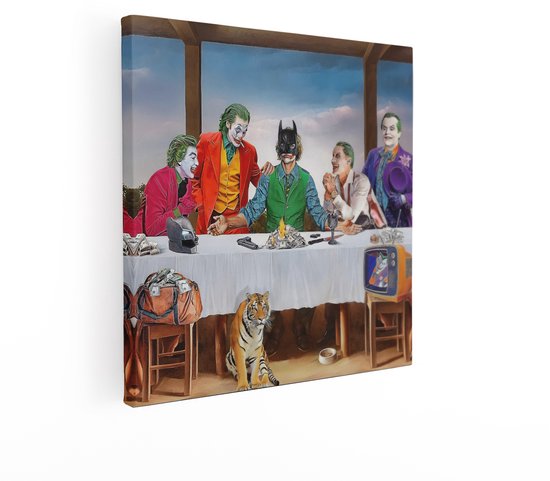 Artaza Canvas Schilderij De Joker en Batman Vieren een Duister Diner met een Tijger en Geld - 40x40 cm - Wanddecoratie Woonkamer - Schilderijen - Muurdecoratie