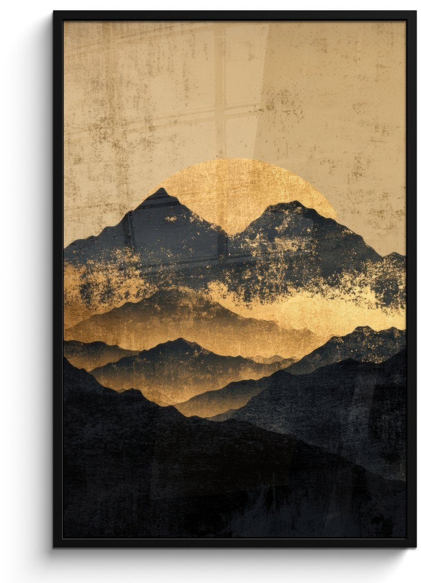 FrameYourWall Poster in lijst - Fotolijst 80x120 cm - Posters - Gouden Bergen bij Maanlicht - Posterlijst zwart - Decoratie - Wanddecoratie woonkamer - Muurdecoratie slaapkamer Bergen - Goud - Schilderij