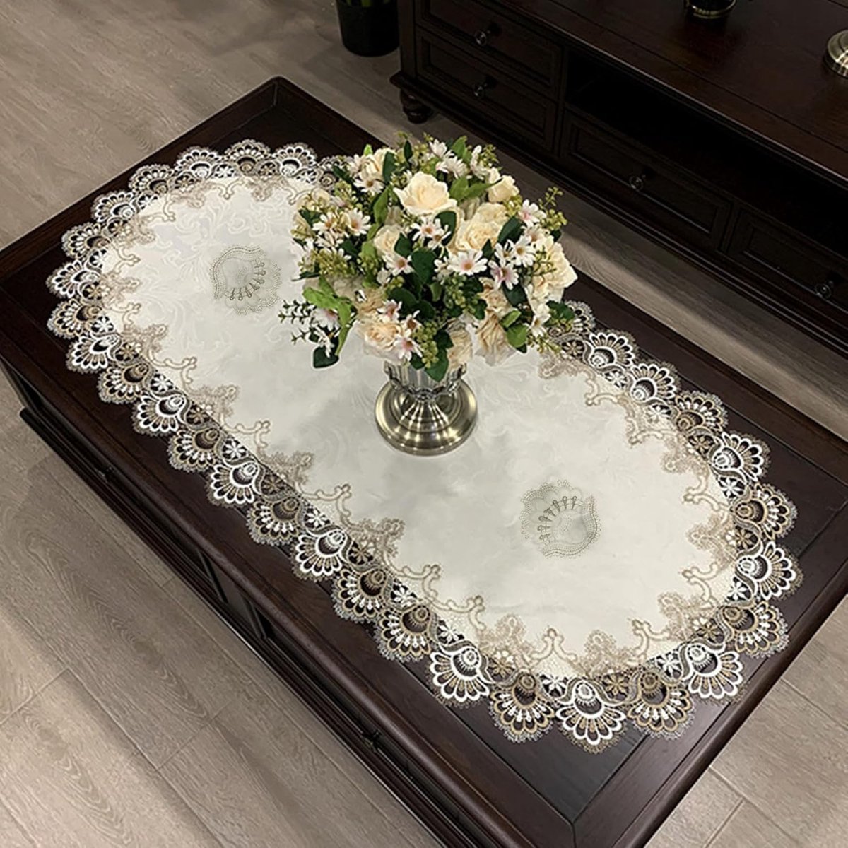 Elegant Kanten Tafelkleed Jacquardsatijn – 60x120 Cm Voor Eettafel & Salontafel