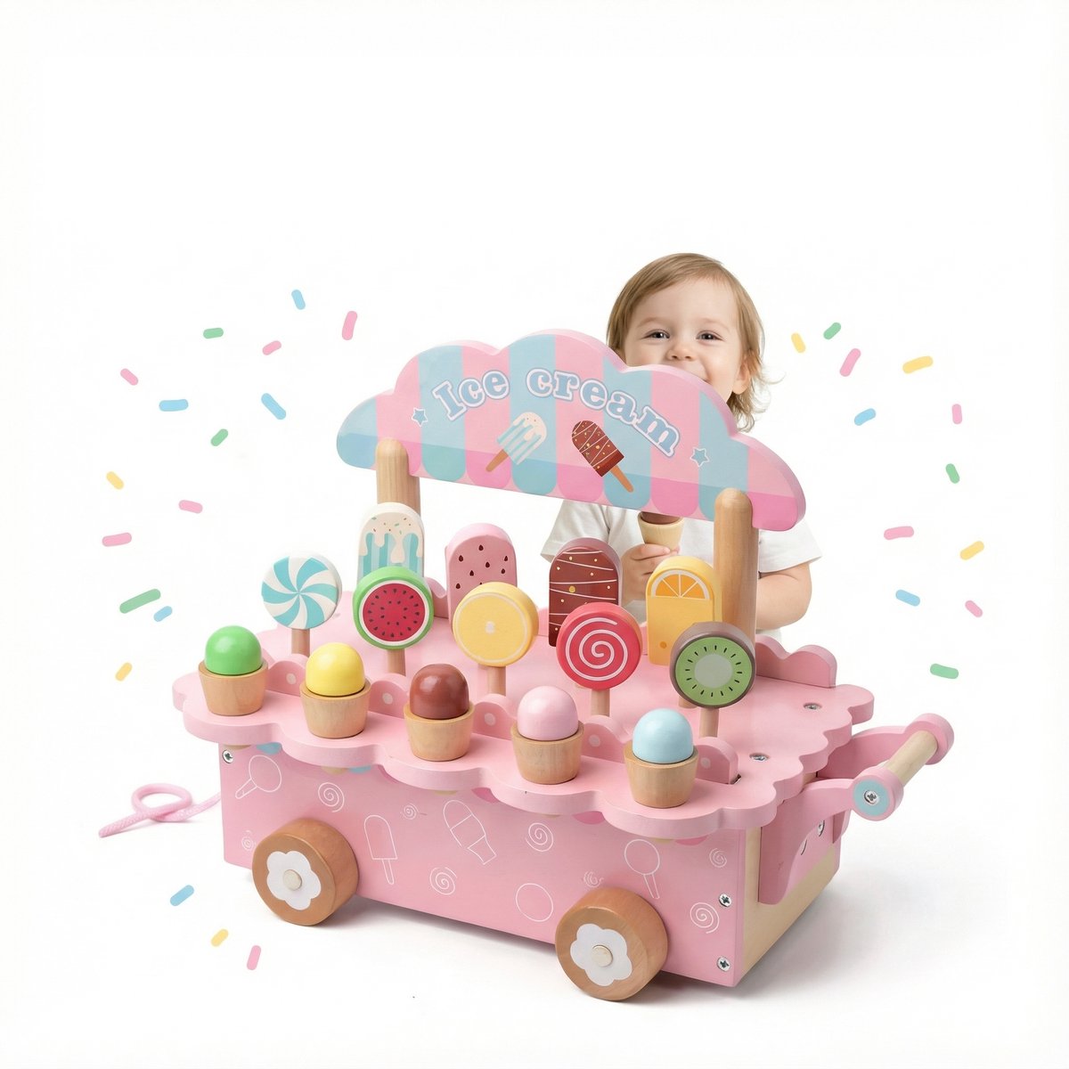 Icecream - Speelgoed Car - Keuken Accessoires - Montessori Speelgoed - Speelgoed 1 jaar - Speelgoed 2 jaar - Houten speelgoed - Ijskraam - Ijskar - 36+ maanden - 2 kleuren Rozen & Wit - Speelkeuken - Educatief Speelgoed