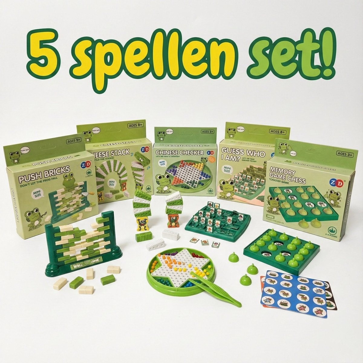 5-delige Spelletjes Set Kikker Groen – 5 Mini Spelletjes & Educatief Speelgoed – Cadeau of reisspel
