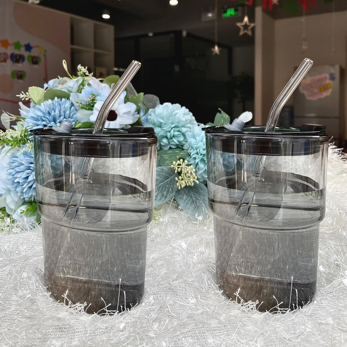 Glazen Smoothiebekers met Deksel en Rietje - 400 ml - Set van 2