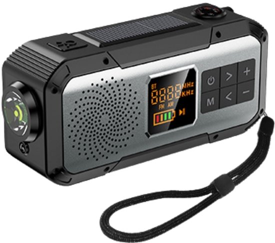 Denk Vooruit - Camp & Survive Solar BT PRO – Grey - Solar & Hand-Crank Noodradio | NOAA/WB/AM/FM, Bluetooth 5.2, LED Lamp & 2000mAh Powerbank