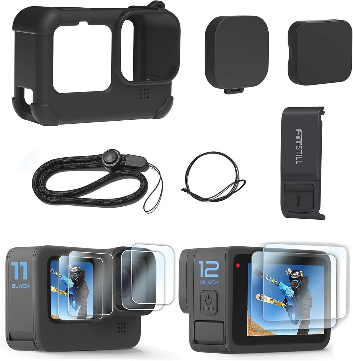 FitStill Siliconenhoes voor Go Pro Hero12 /Hero11/Hero 10/Hero 9 zwart, batterijzijdige afdekking, lensdop en displaybeschermfolies en sleutelkoord voor Go Pro Hero 12/11/10/9, zwart, accessoirekit