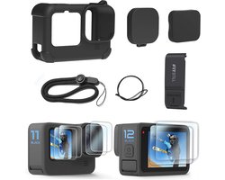 FitStill Siliconenhoes voor Go Pro Hero12 /Hero11/Hero 10/Hero 9 zwart, batterijzijdige afdekking, lensdop en displaybeschermfolies en sleutelkoord voor Go Pro Hero 12/11/10/9, zwart, accessoirekit