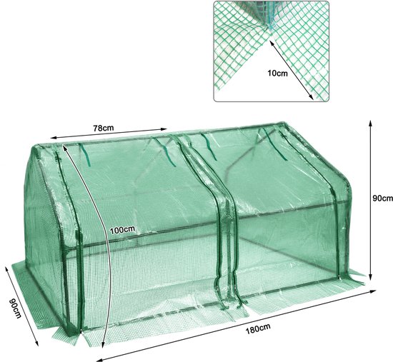 Groene mini-kas met afmetingen: 180x90x90cm, 10cm detail.