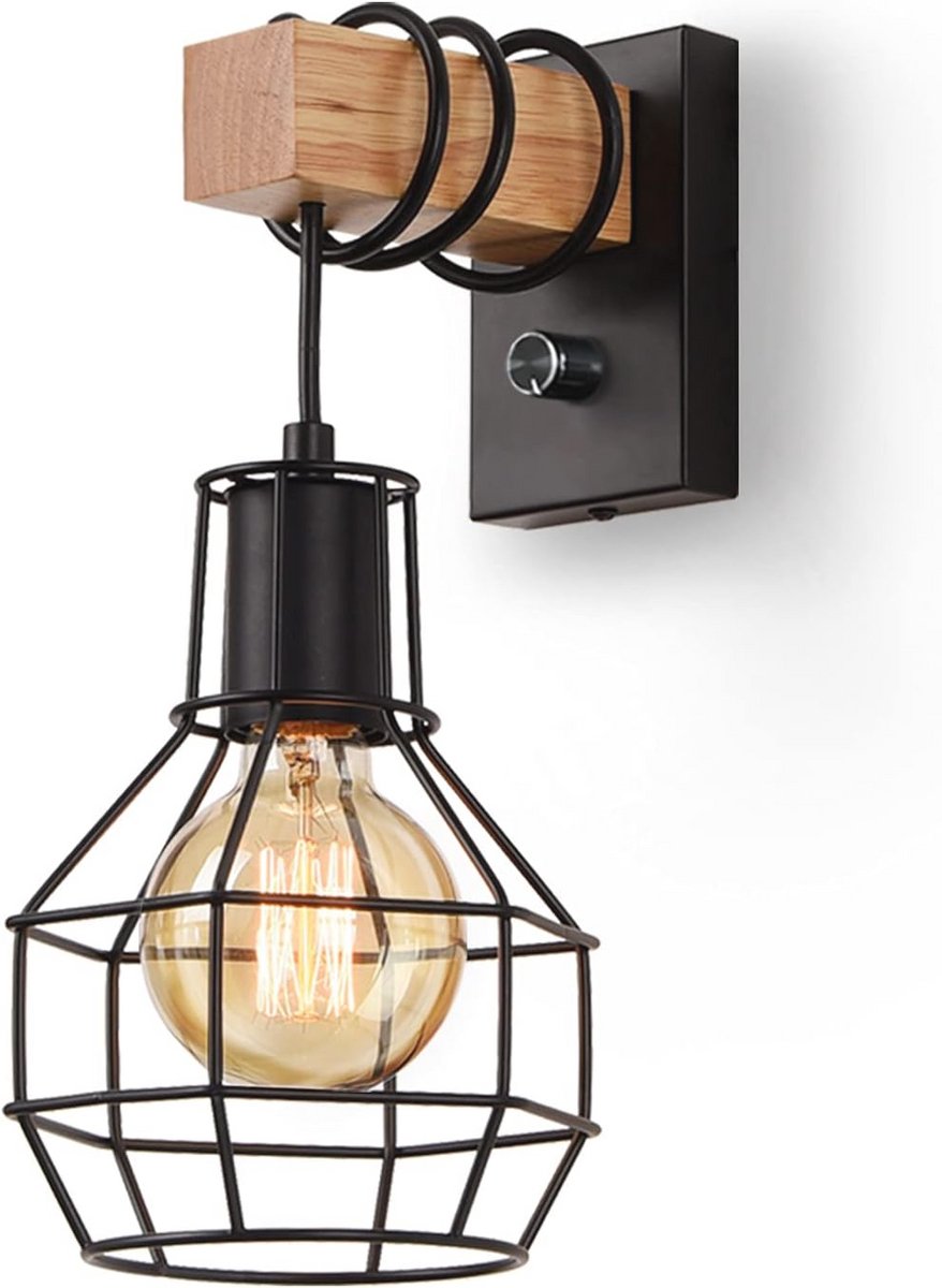Vintage Dimbare Wandlamp voor Binnen - Industriële Stijl met Houten Accenten