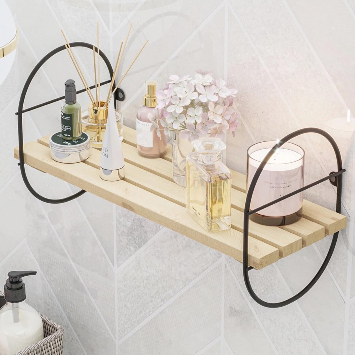 Wandrek Oulu Metalen Frame Oval Kookrek met 1 Plank voor Woonkamer en Keuken 20x40x16cm Zwart en Natuurlijk