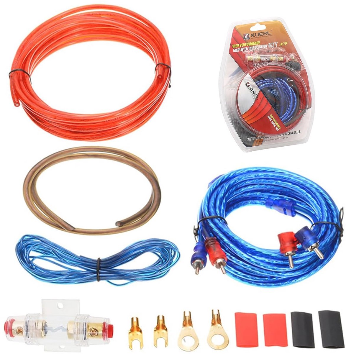 Versterkerkabelset voor auto - 13-delige subwoofer en hifi kabelset met 10 gauge kabel en accessoires