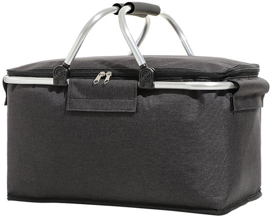 Panier de courses - Panier de courses avec couvercle - Panier de pique-nique - Paroi extérieure isotherme - Panier de courses pliable avec double poignée - Idéal pour les voyages, les pique-niques, les courses et les cadeaux - Zwart - 40 x 20 x 23 cm
