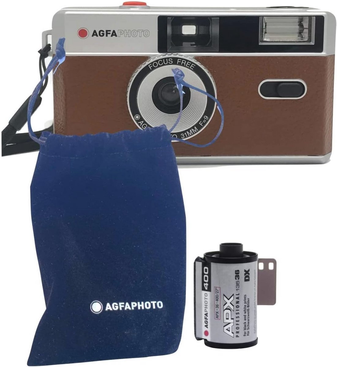 Analoge 35mm fotocamera set met B+W film en batterij