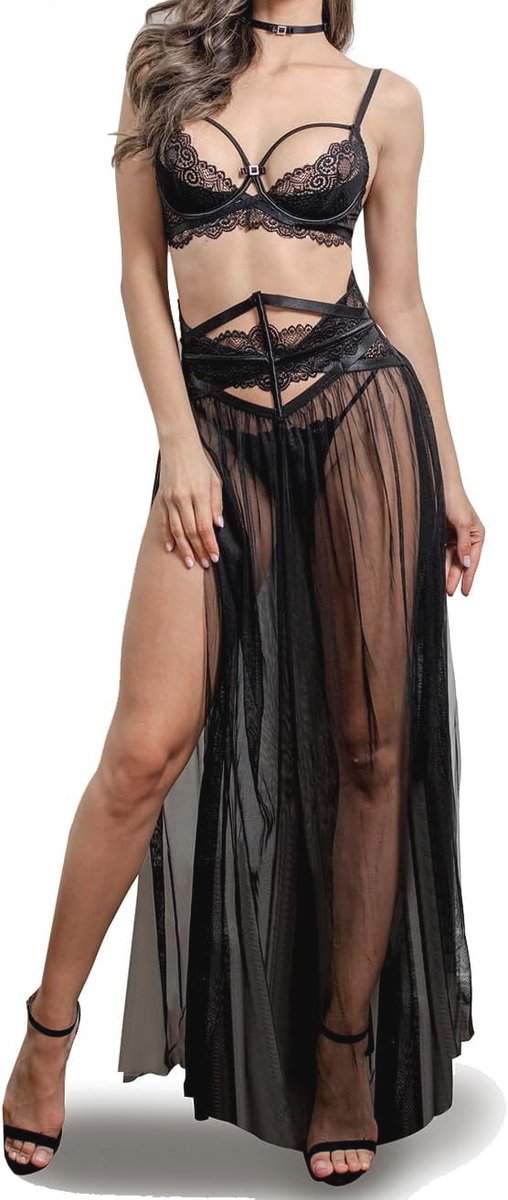 Lace lingerie-set voor dames met beha, gordel, halsband en G-string - 4-delig