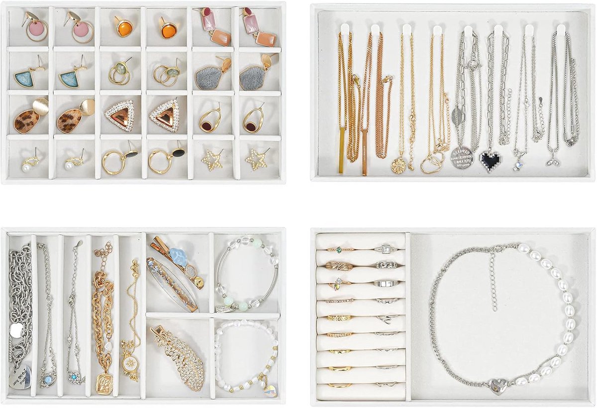 Sieraden Lade Organizer Voor Oorbellen, Halskettingen, Ringen en Armbanden - 4 Laags, Wit