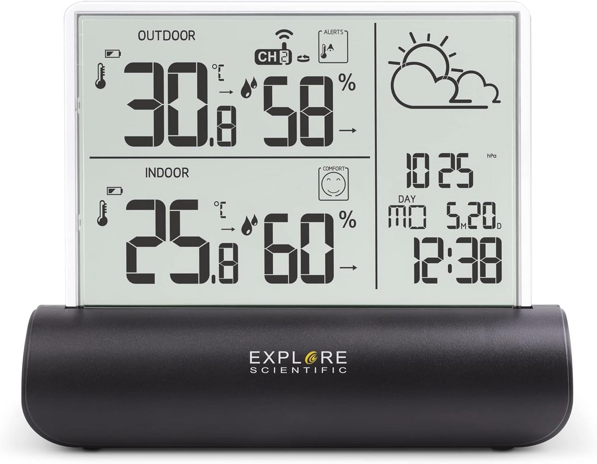 Weerstation met helder glas display, luchtdruk, binnen en buiten temperatuur en luchtvochtigheid
